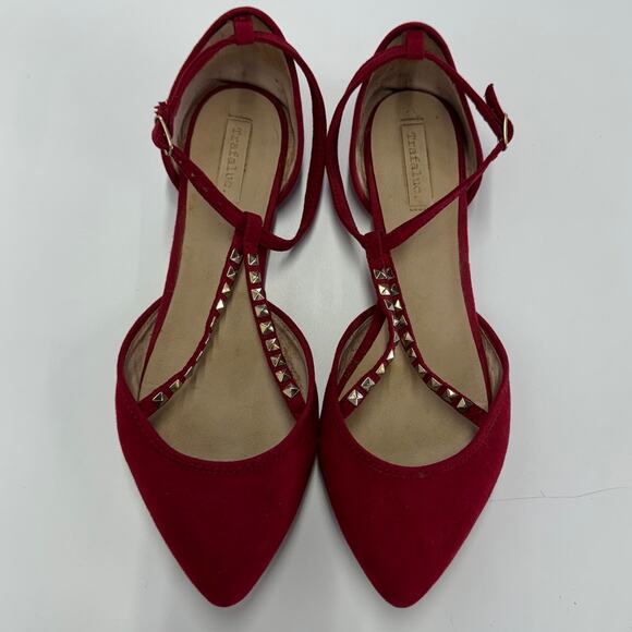 Zara Flats Womens 39 8 Red Pointed Toe Strappy Ankle Wrap Studded Faux Suede - Picture 1 of 9